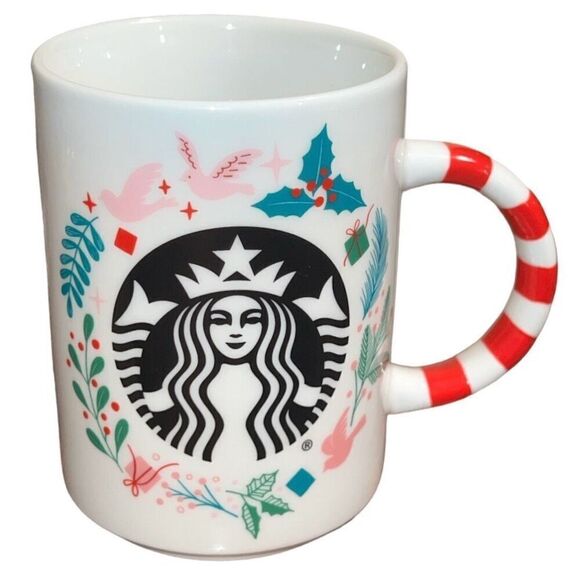 Starbucks Coffee Mug 12 Oz Christmas Holly Dove Candy Cane Handle - Picture 1 of 2